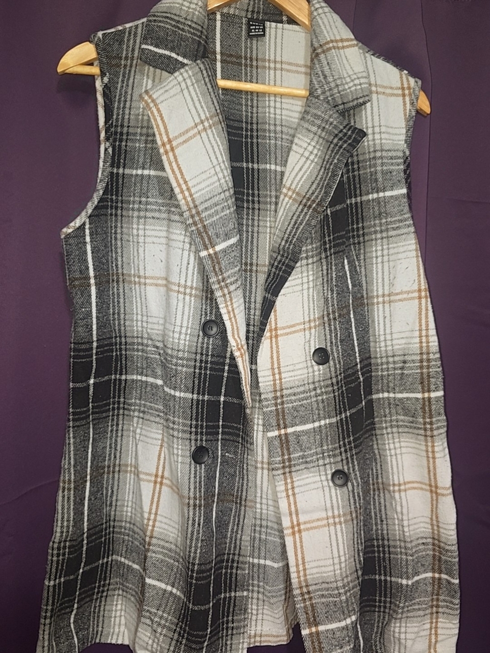 SHEIN Black, White & Brown Plaid Double-Breasted Sleeveless Vest